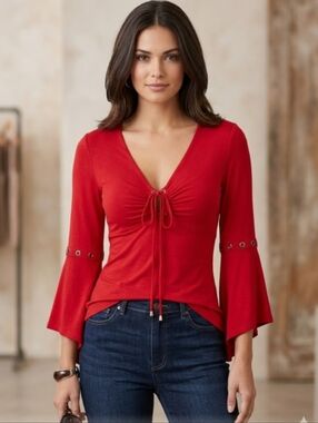Venus Red Plunge Vneck Front Tie Bell Sleeve Tunic Bohemian Small